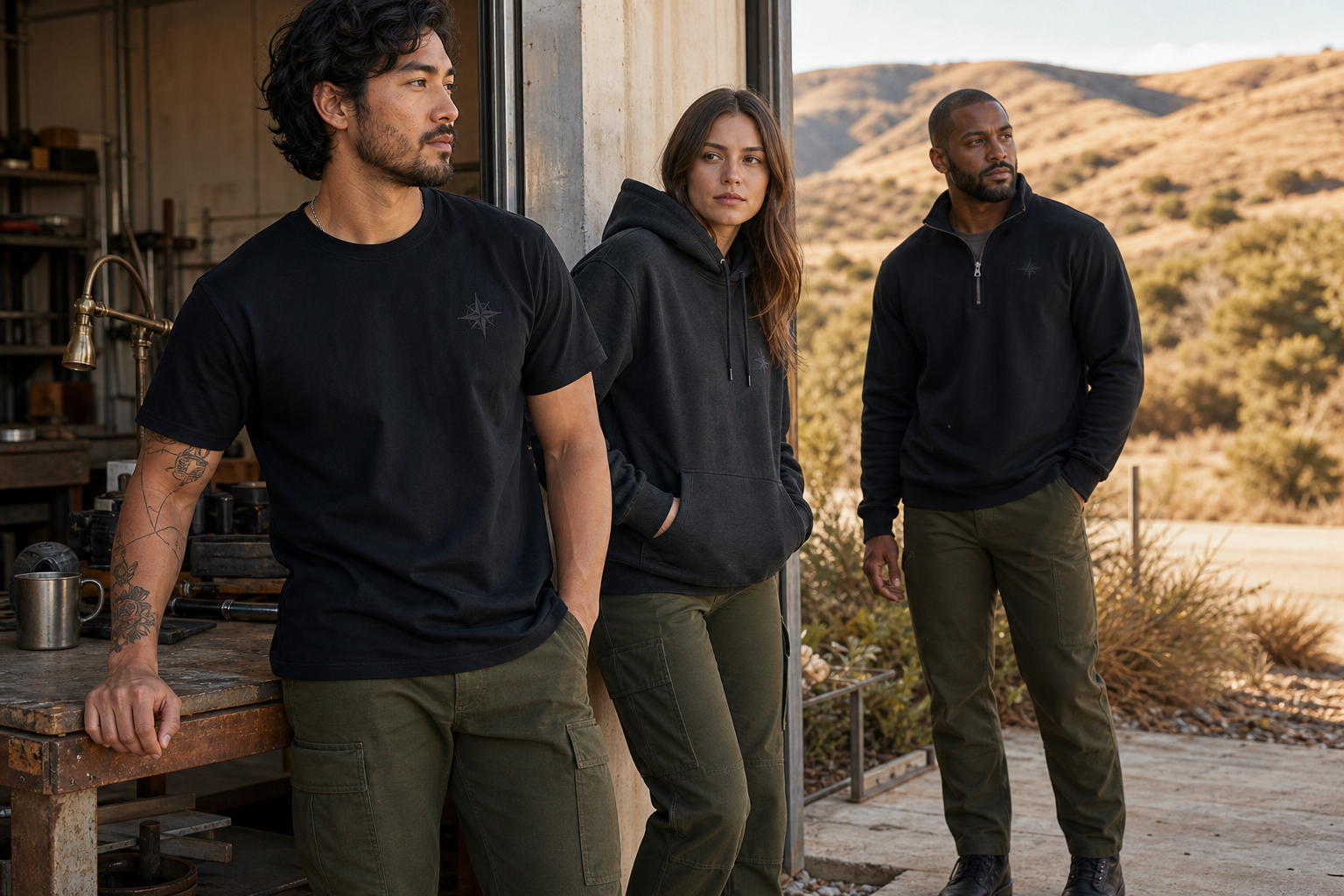 Models wearing the developing AVLR black, charcoal, and olive apparel capsule
