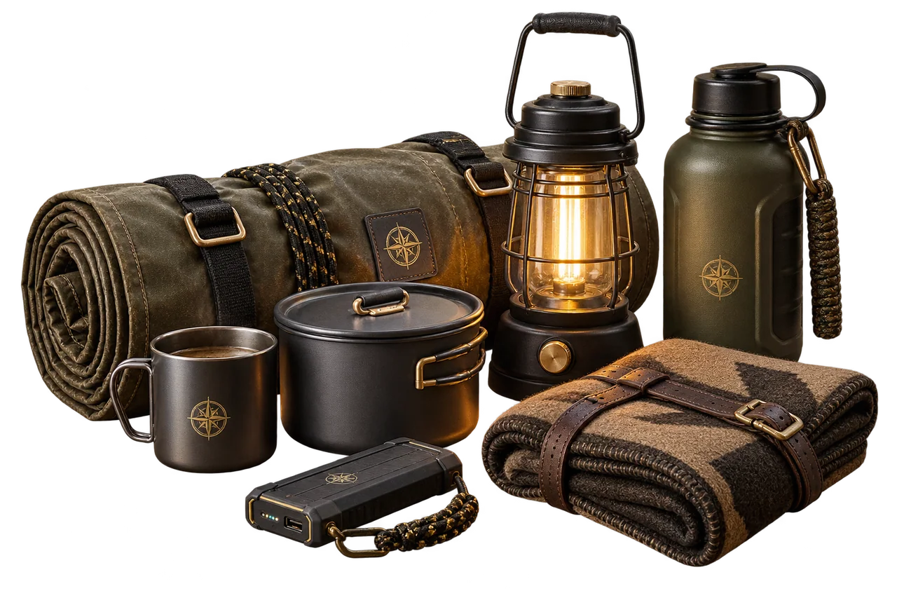 Camping and overland equipment arranged for field use